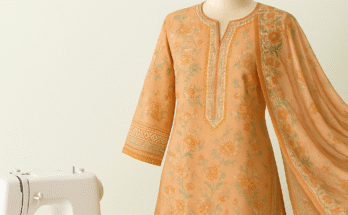 Elegant stitched Khaadi lawn kurta and dupatta on mannequin with sewing machine, threads, and measuring tape, promoting Darzan.com.pk tailoring services