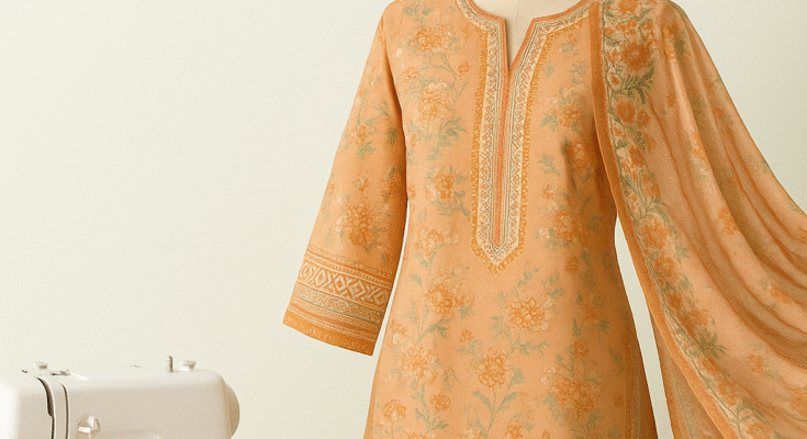 Elegant stitched Khaadi lawn kurta and dupatta on mannequin with sewing machine, threads, and measuring tape, promoting Darzan.com.pk tailoring services